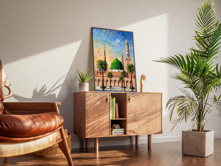 Artistic interpretation of Masjid Nabawi with green dome on canvas style