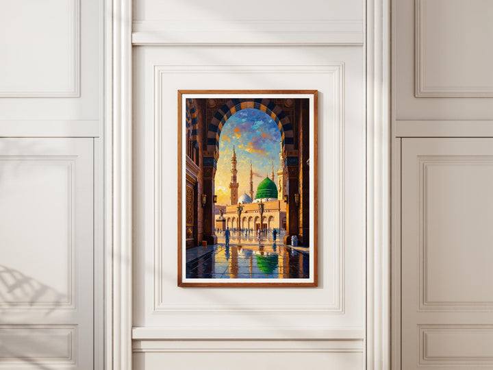 Front view of Islamic wall art showing Green Dome and minarets in oil painting texture