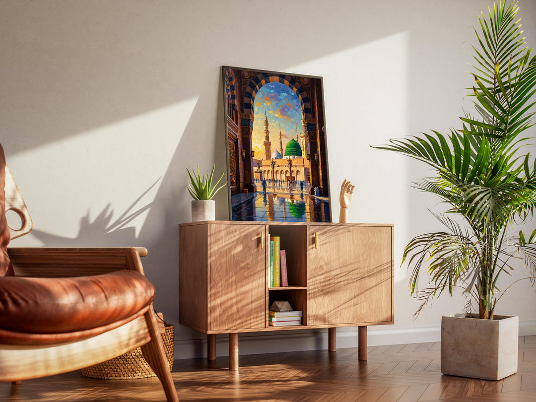 Medina skyline Islamic wall art with green tones and architectural lines