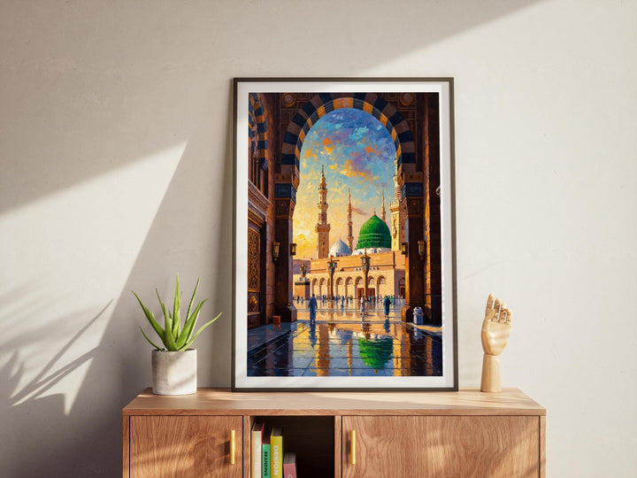 Gold accents and architectural outlines highlighted in Masjid an-Nabawi artwork