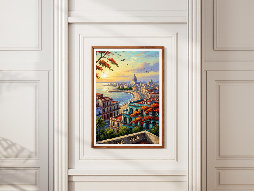 Sunlit Havana street with colonial buildings in oil painting style