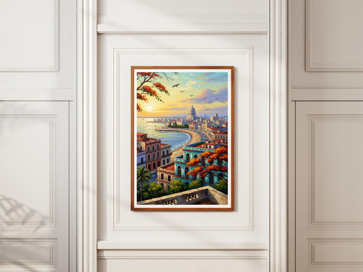 Sunlit Havana street with colonial buildings in oil painting style