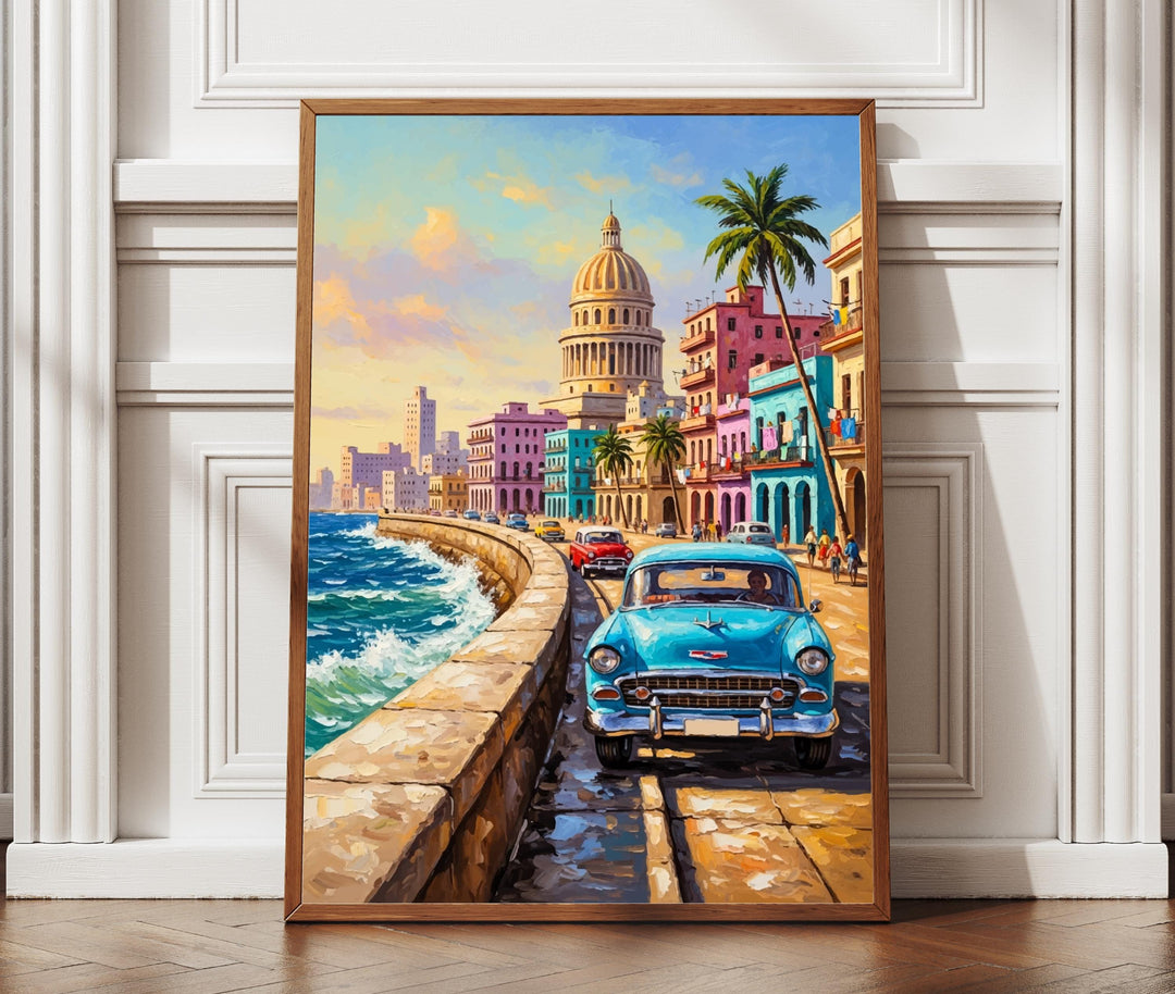 Vibrant Havana Cuba street scene with vintage cars on colorful storefronts