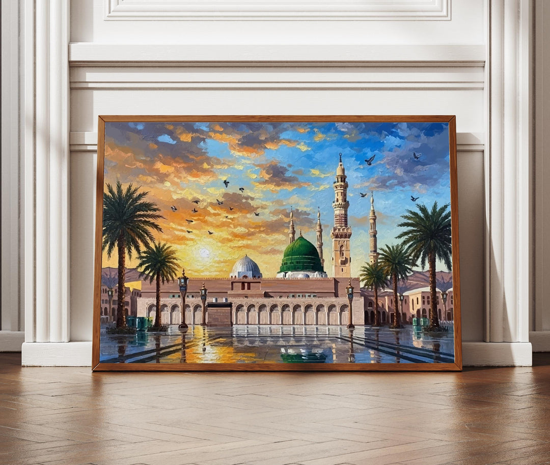 Medina Masjid an-Nabawi wall art with oil-textured finish, close-up dome