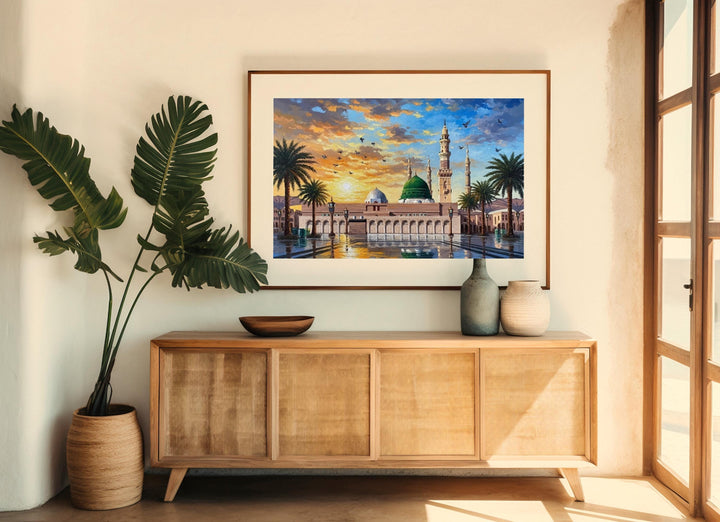 Islamic travel art featuring Medina Masjid cityscape