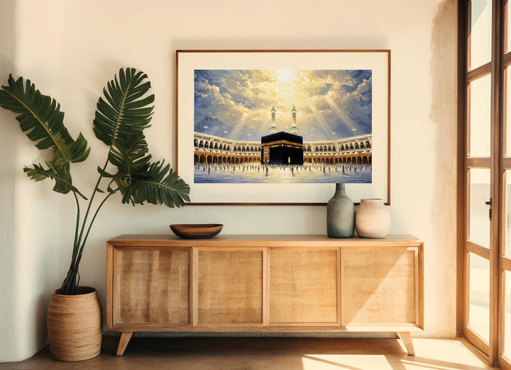Religious art piece featuring Mecca reflection in textured canvas