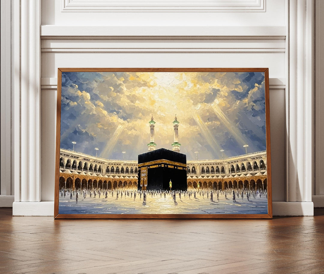 Kaaba travel poster with oil-textured abstract Islamic art on canvas