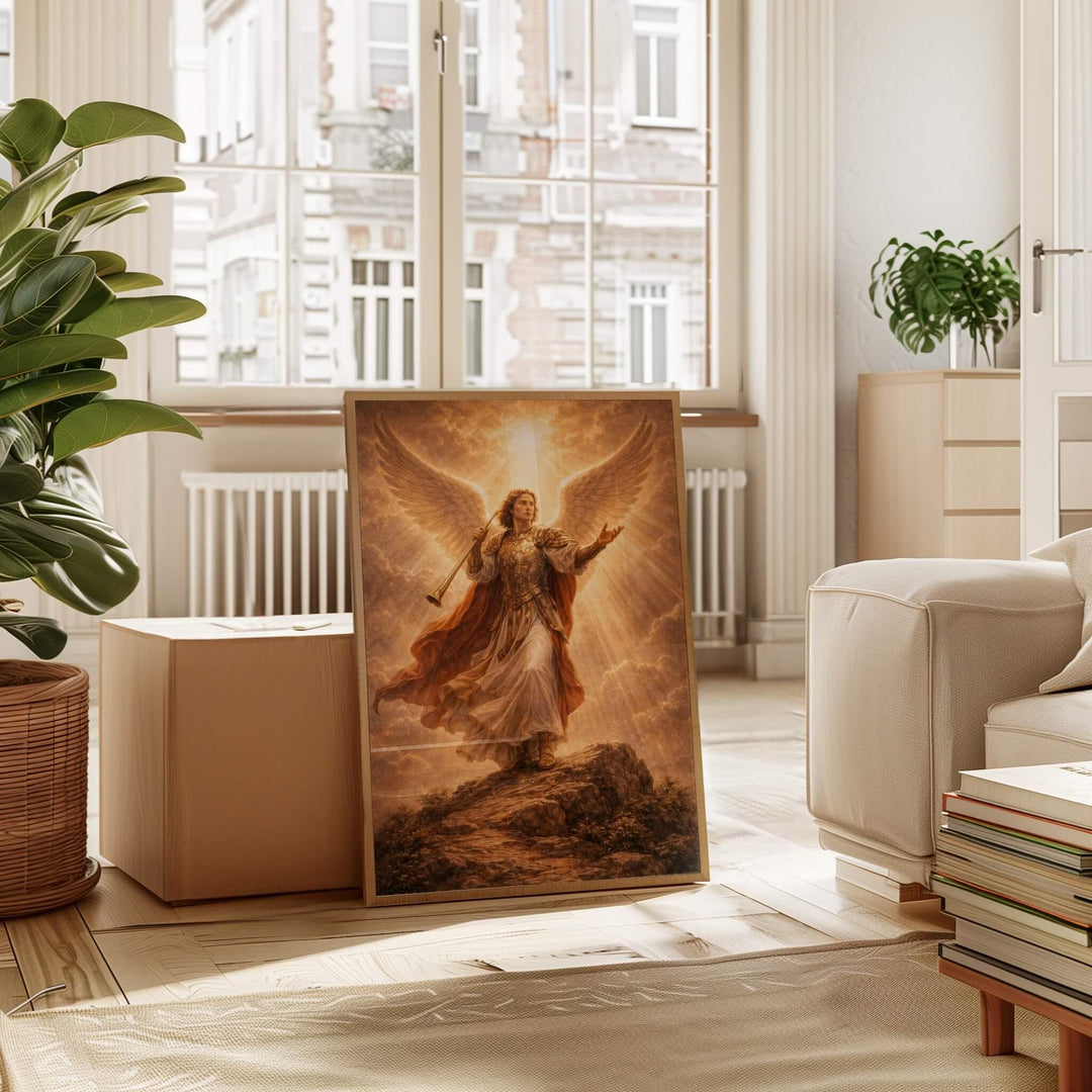 Close-up view of Archangel Gabriel religious wall decor