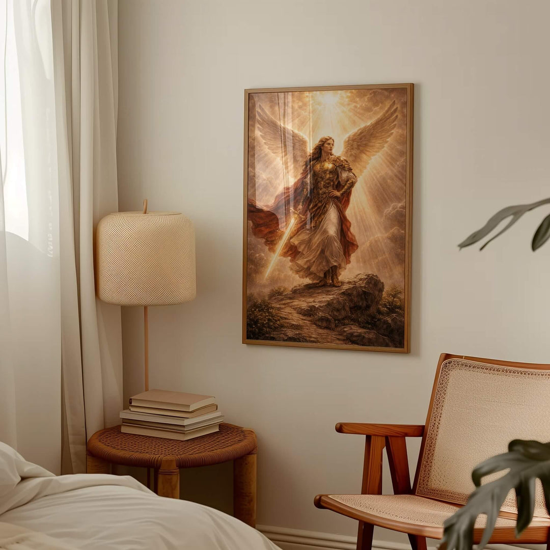 Catholic home decor wall art in a serene living room
