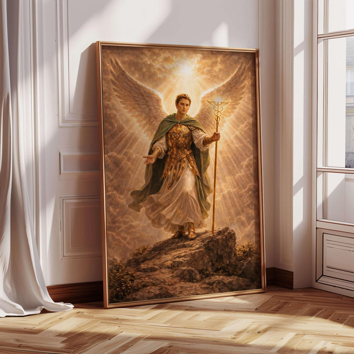 archangel raphael sacred art print with halo and ornate details