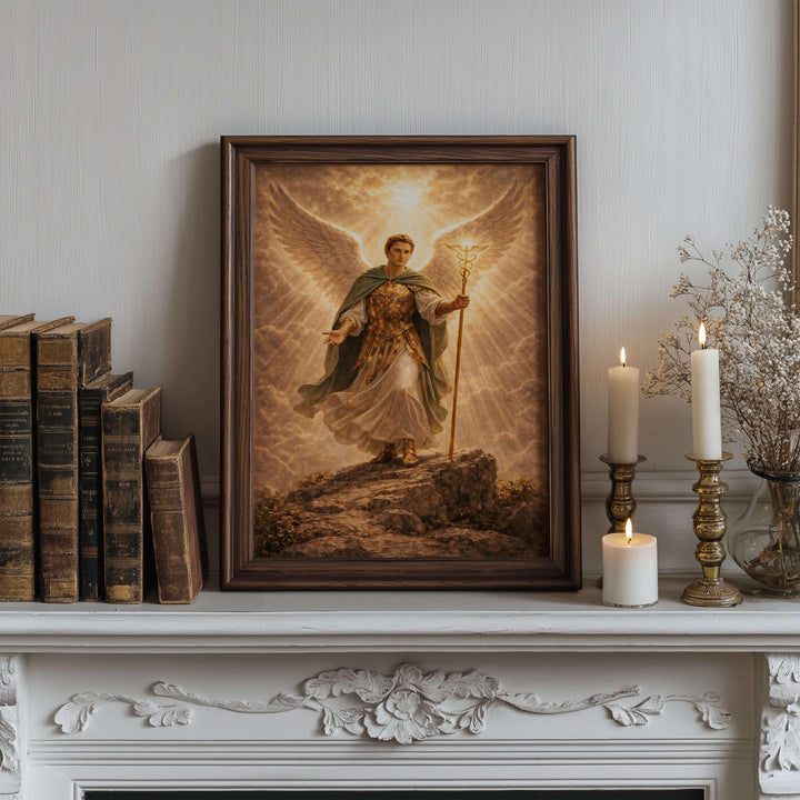 high-quality archangel raphael wall art print with luminous background