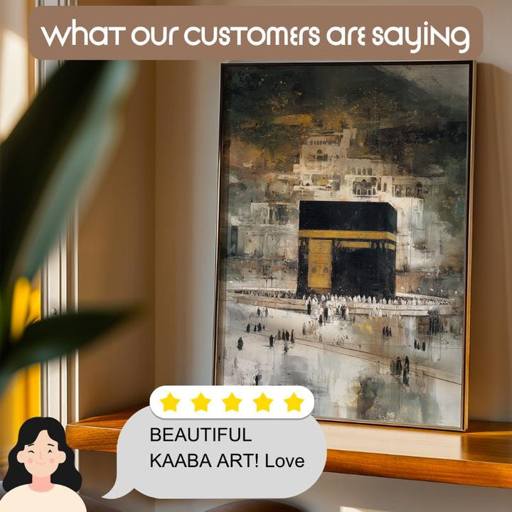 Close-up of Kaaba-inspired wall art print in black and white