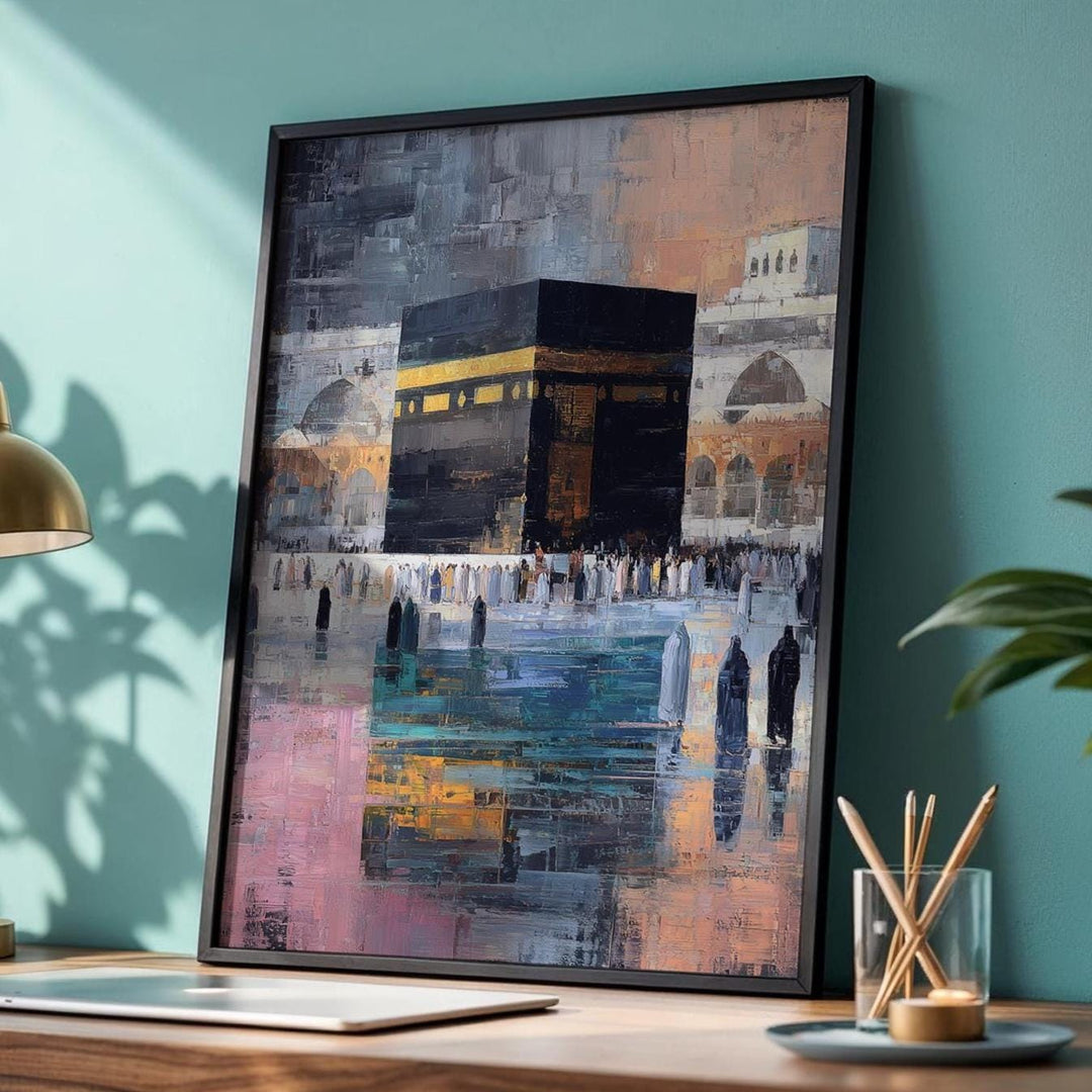 Close-up of Kaaba abstract painting showing textured canvas and subtle gold accents