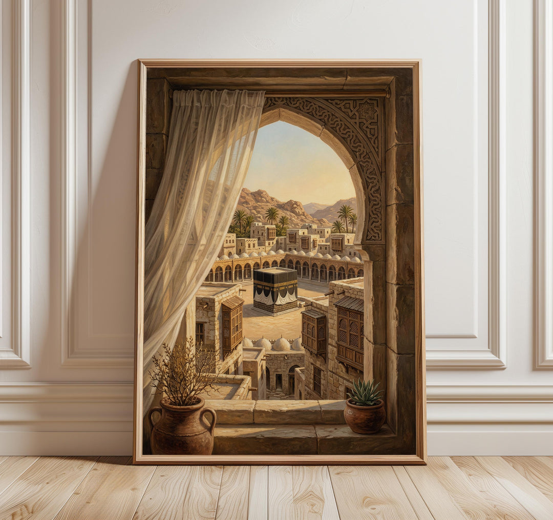 Mecca wall art print showing window view of Masjid al Haram and Kaaba