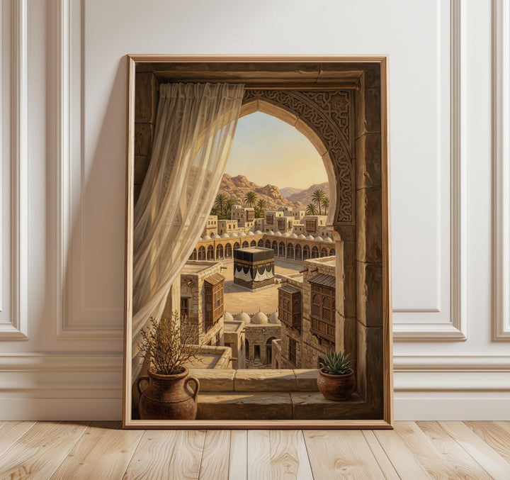 Mecca wall art print showing window view of Masjid al Haram and Kaaba