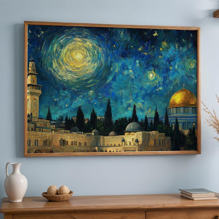 Colorful starry night scene featuring the mosque in vibrant hues