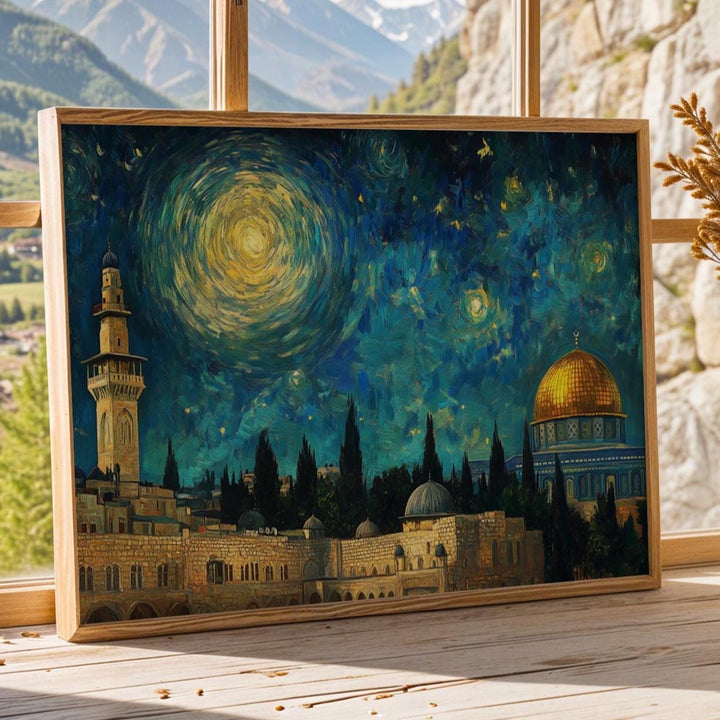 Al Aqsa Mosque starry night wall art on canvas with crescent moon