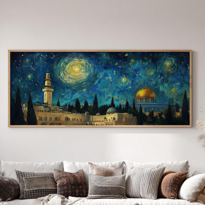 Van Gogh inspired Islamic painting of mosque silhouette under stars