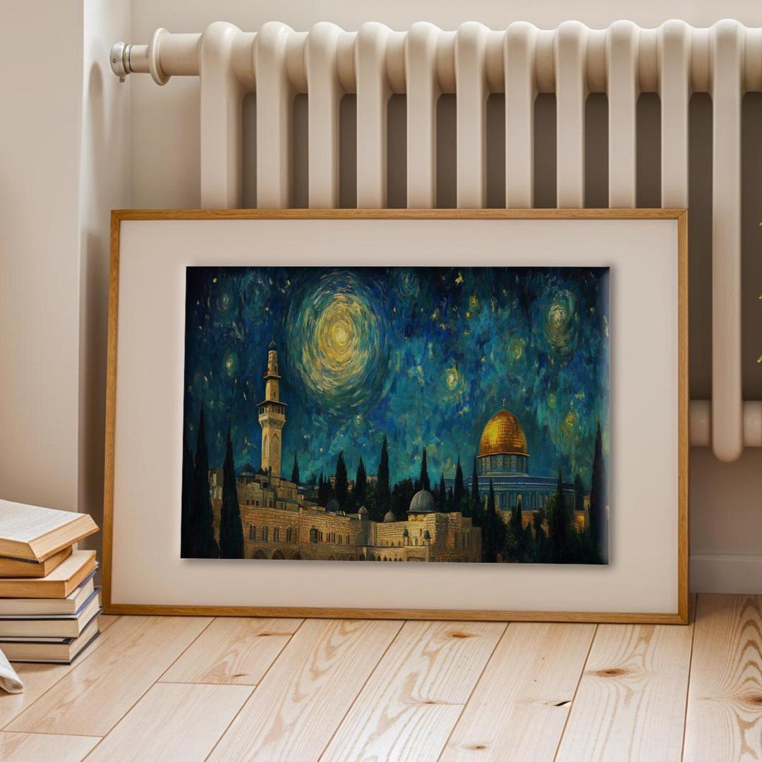 Abstract Islamic art mural with night sky over a mosque