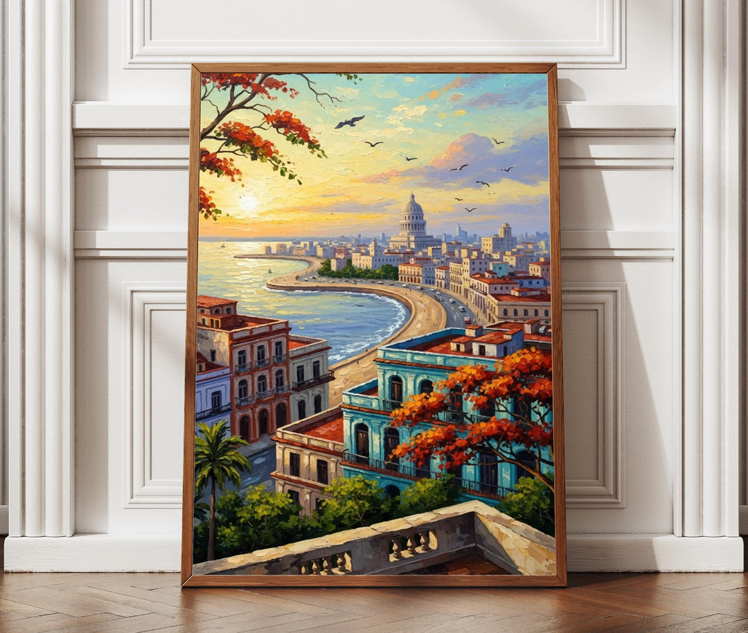Old Havana street painting with colorful facades on canvas wall art