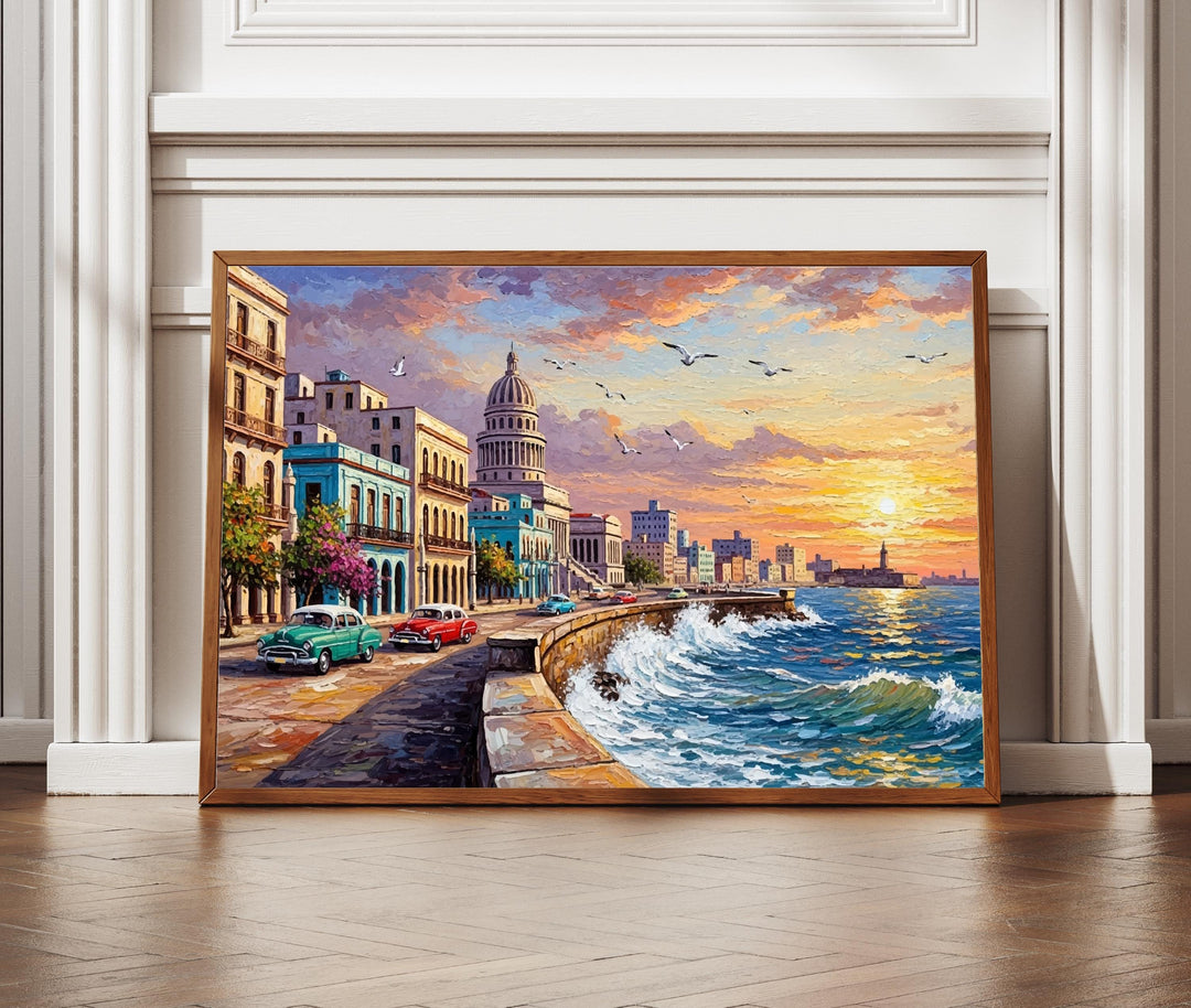 Old Havana street scene painting on canvas with vibrant colors and vintage cars