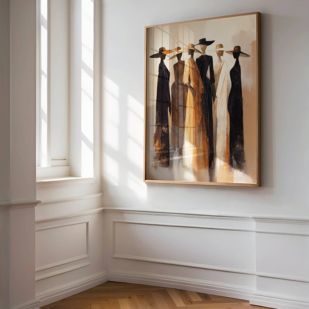 Close-up of Afrocentric wall art with bold geometric shapes in neutral palette