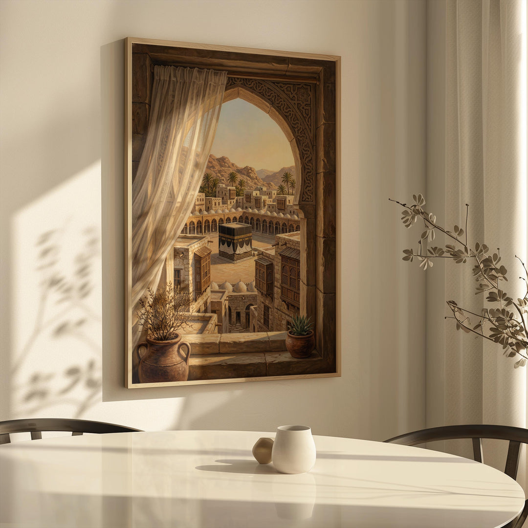 Window view Mecca wall art in warm tones for Islamic home