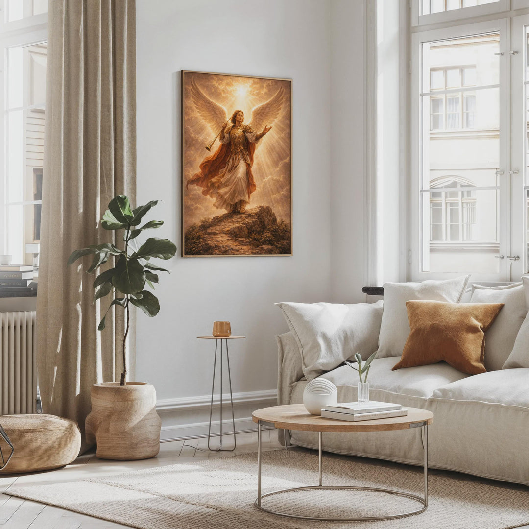 Christian poster featuring Archangel Gabriel in prayerful pose