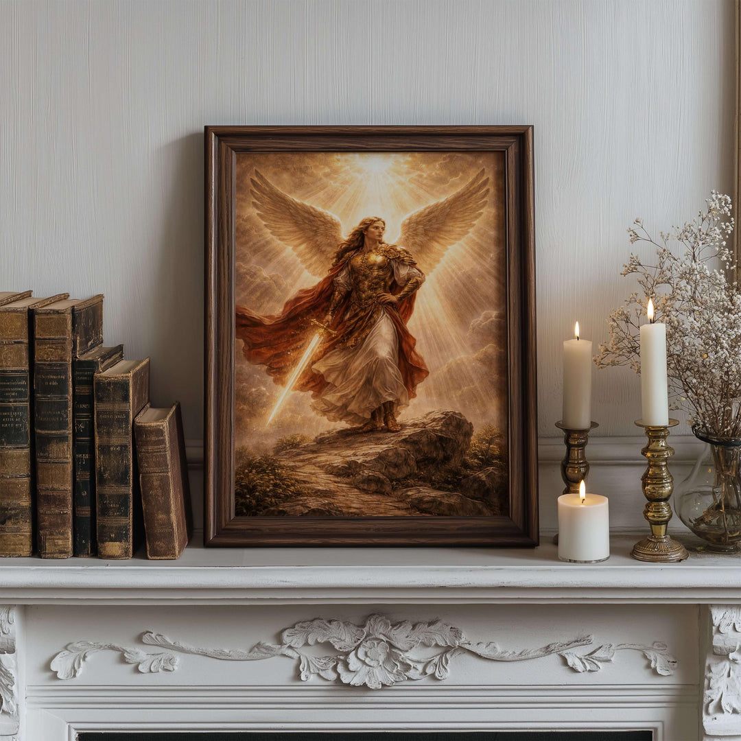 Gold accents highlighted in Archangel Michael religious poster