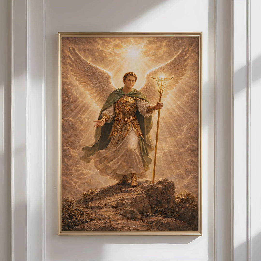 religious wall art archangel raphael scene with celestial figure in prayer