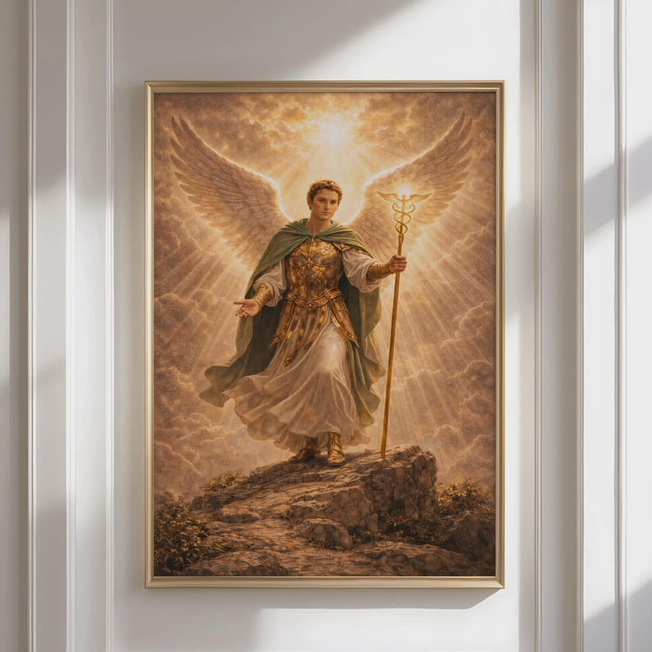 religious wall art archangel raphael scene with celestial figure in prayer