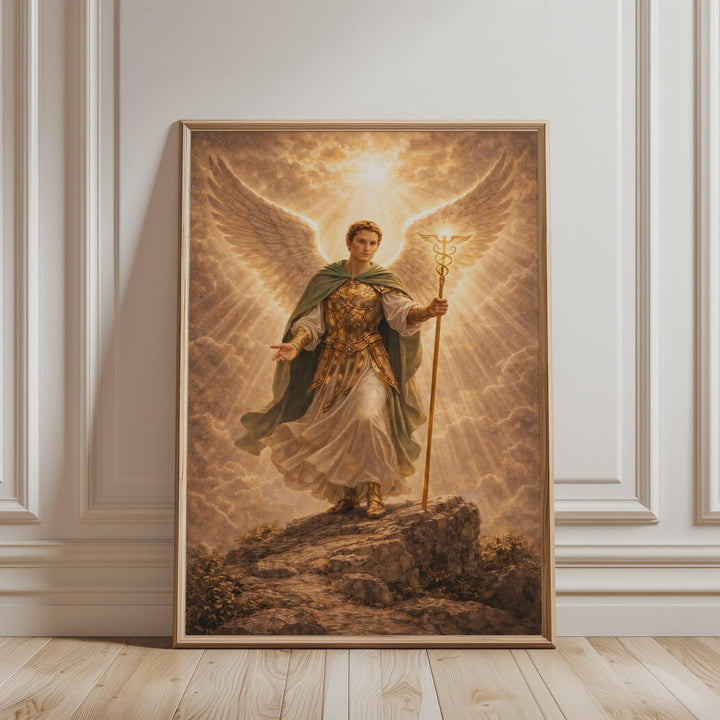 archangel raphael religious wall art portrait with soft blues and gold accents