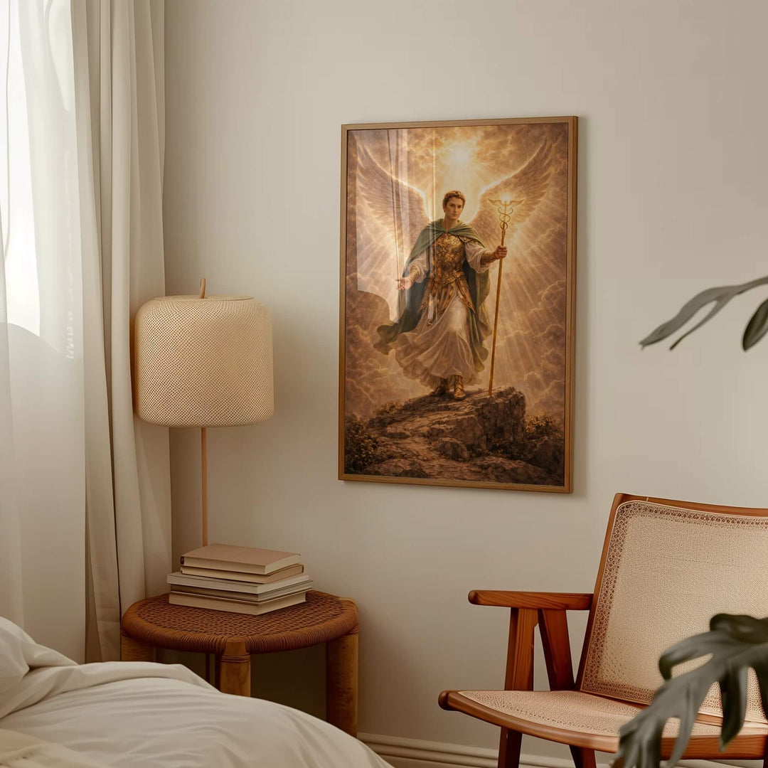 close-up archangel raphael figure in sacred art print with delicate textures