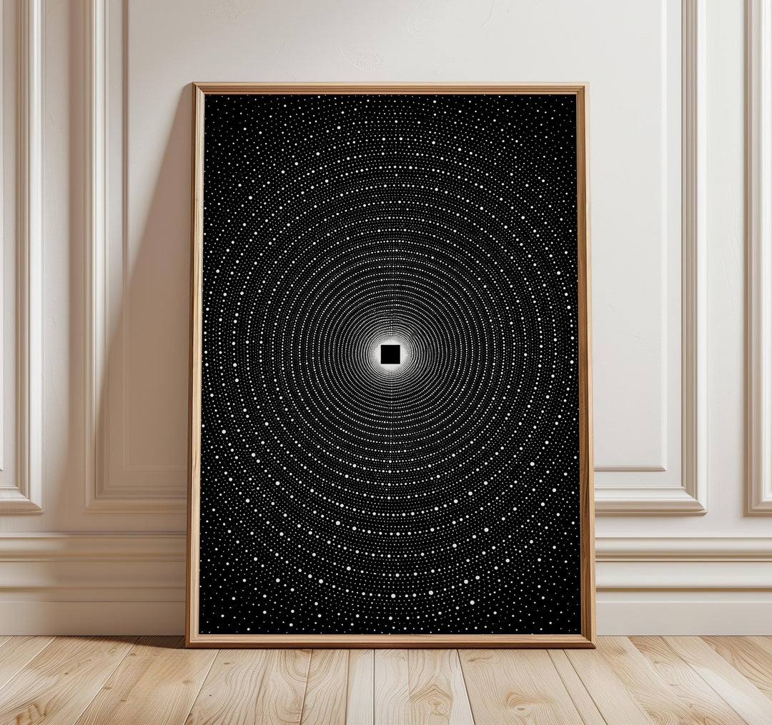 kaaba infinite masses minimalist islamic abstract wall art in black and white, front view