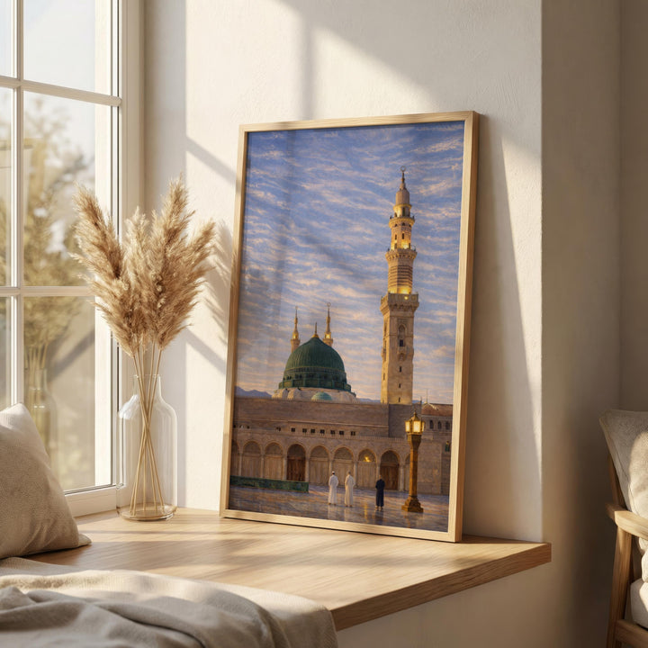 Islamic wall art showing Medina sacred site with lush green hues
