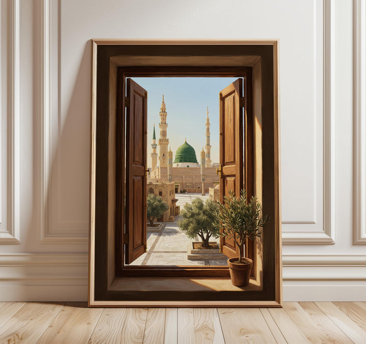 Medina wall art print depicting Masjid an Nabawi window arches in soft tones