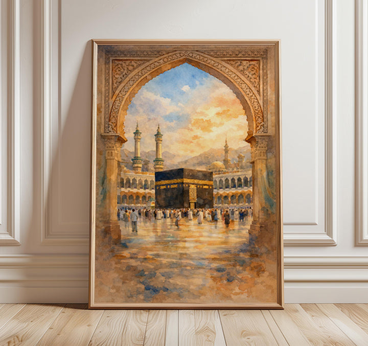 Kaaba watercolor art print with brushstroke texture