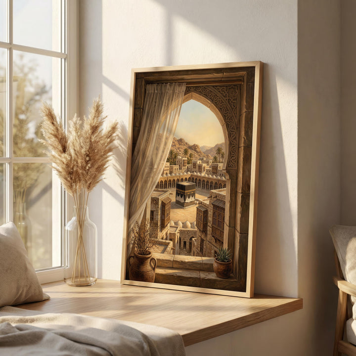 Abstract Mecca wall art with Kaaba framed by mosque arches