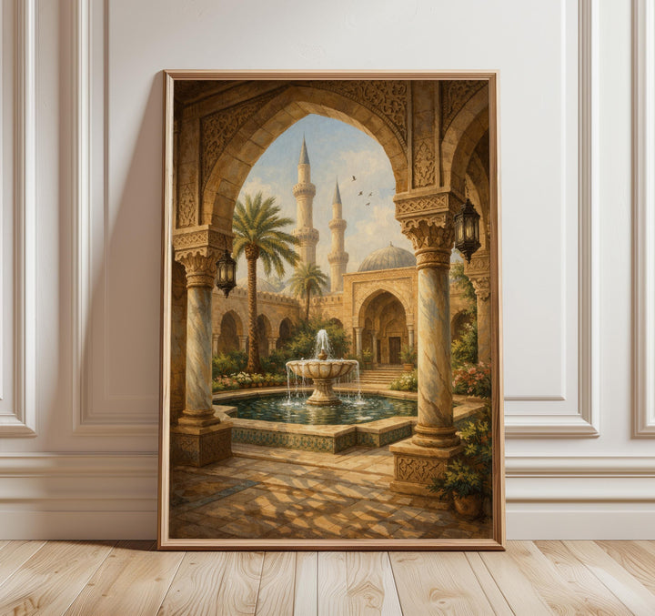 Islamic courtyard wall art print featuring a tranquil mosque fountain archway