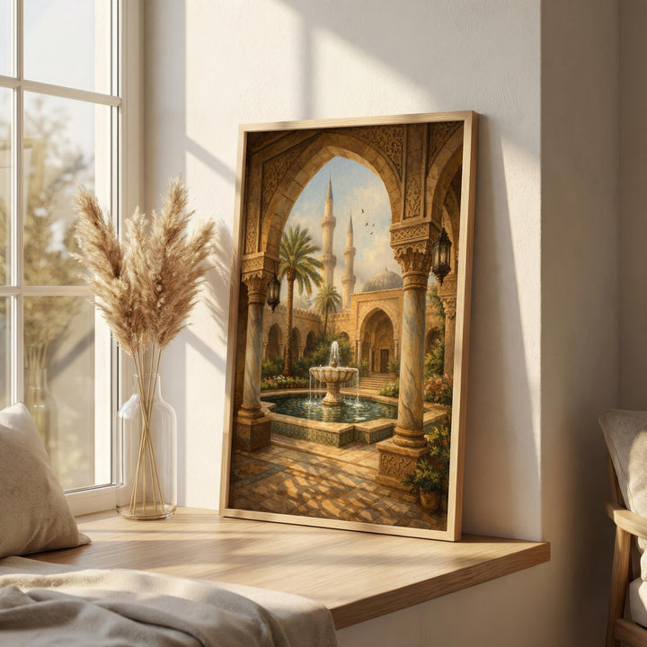 Decorative Islamic art print with geometric patterns and warm earth colors