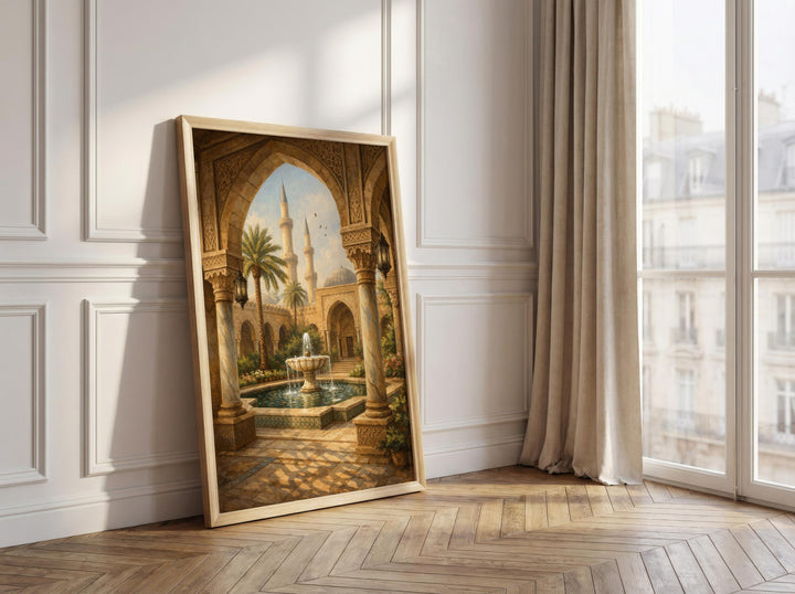 Middle Eastern architecture poster with ornate arches and soft sunset tones