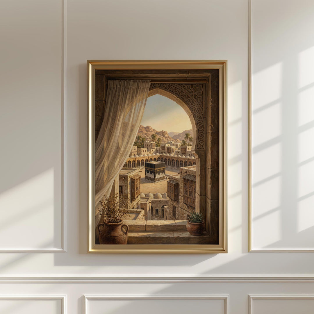 Islamic art wall decor featuring Masjid al Haram through a window