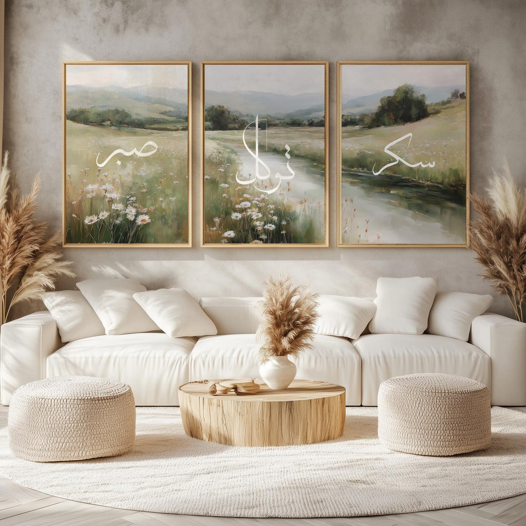 Three-panel layout for living room in boho neutral style