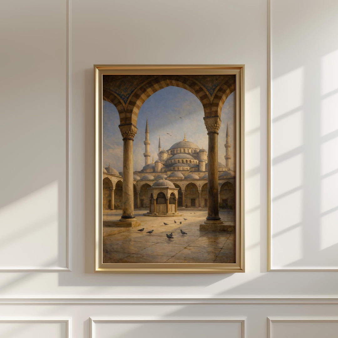 sultanahmet mosque exterior arches in blue tones wall art poster