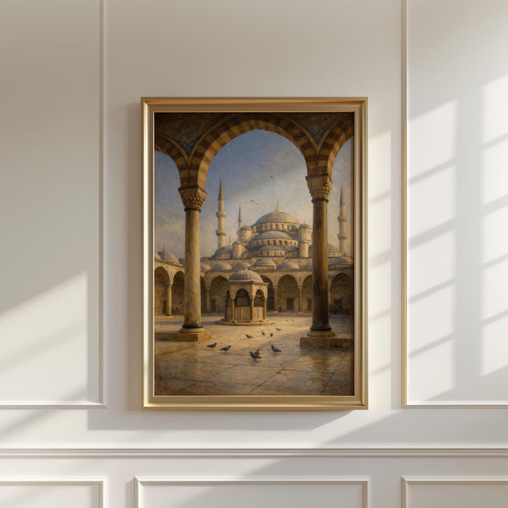 sultanahmet mosque exterior arches in blue tones wall art poster