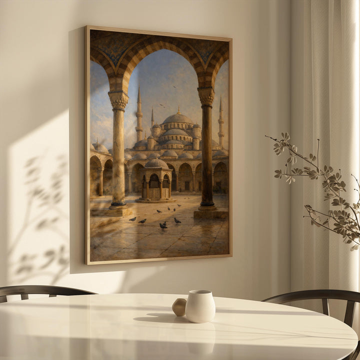 intricate mosque interior arches in blue hues wall decor print