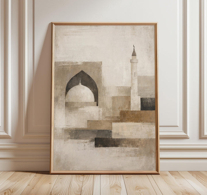 Modern Islamic wall art with a beige abstract mosque arch on a neutral background