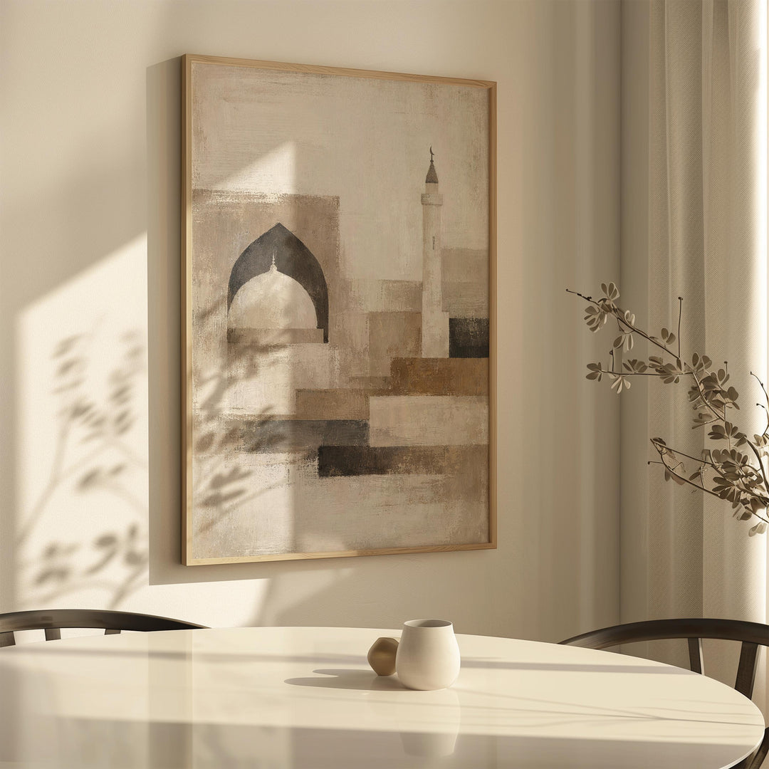 Contemporary Islamic art print in beige, ideal for living room or hallway