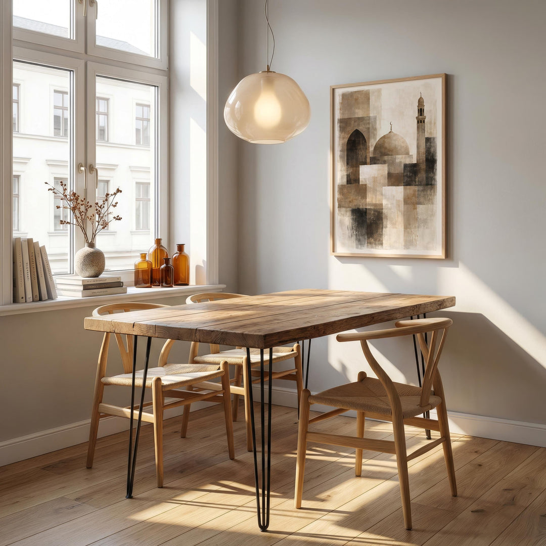 Lifestyle display of modern Islamic wall art in serene neutral palette