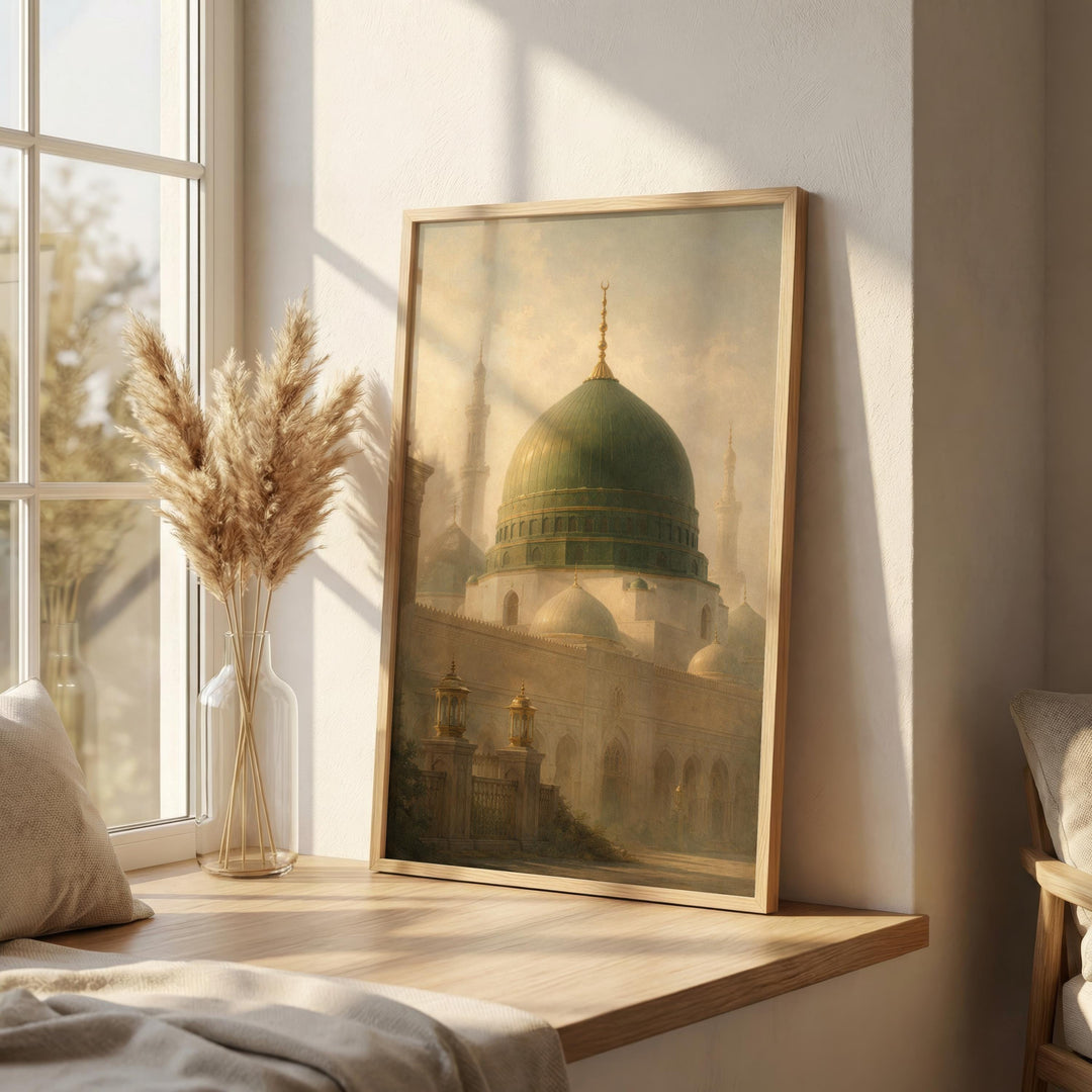 Abstract Islamic art featuring green dome silhouette and archway